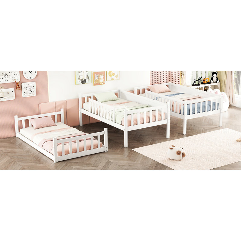 Lit simple superposé simple en bois d'hévéa blanc détachable avec échelles et barrières de sécurité pour chambre à coucher, taille triple, fabriquée en
