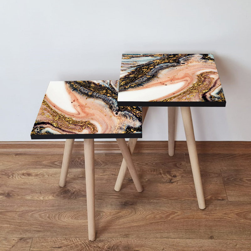 Elegant Marble Nesting Table Set (2 Pieces), Abstract Design, 13.8 x 18.5 x 13.8 inches & 13.8 x 16.5 x 13.8 inches | 100% MDF with Beech Wood Legs, Sturdy & Stylish for Living Room, Modern Home Décor