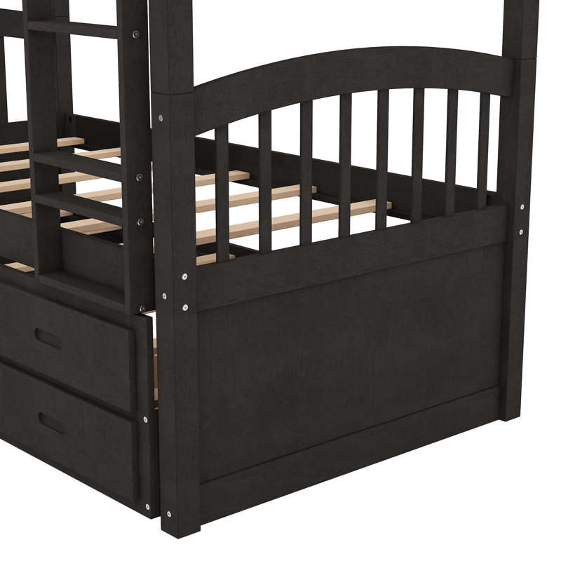 Lit superposé simple au-dessus d'un lit simple en bois avec lit gigogne et tiroirs, espresso