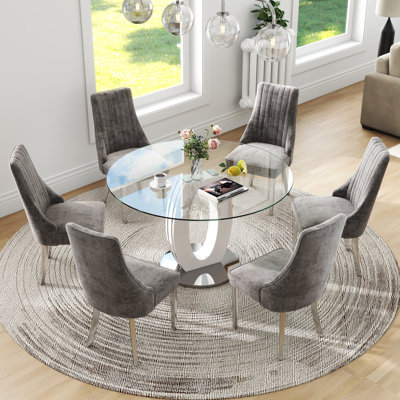 Modern Round Tempered Glass Pedestal Dining Set with Chenille Upholstery Dininig Chair