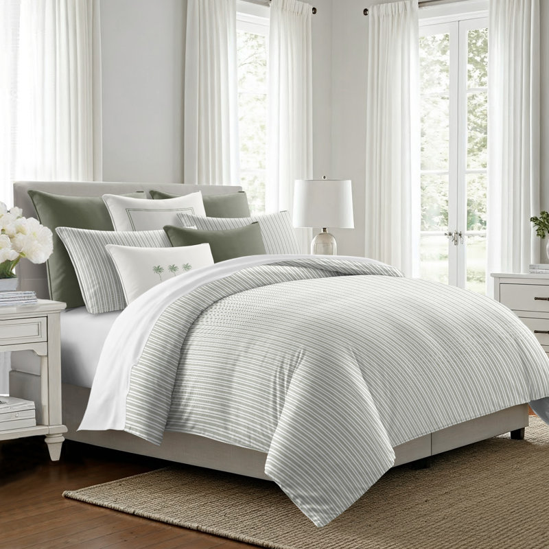 Pacific Stripe Cotton Reversible Coverlet Set, Cal.King Coverlet/Bedspread + 2 King Shams, Sweet Grass