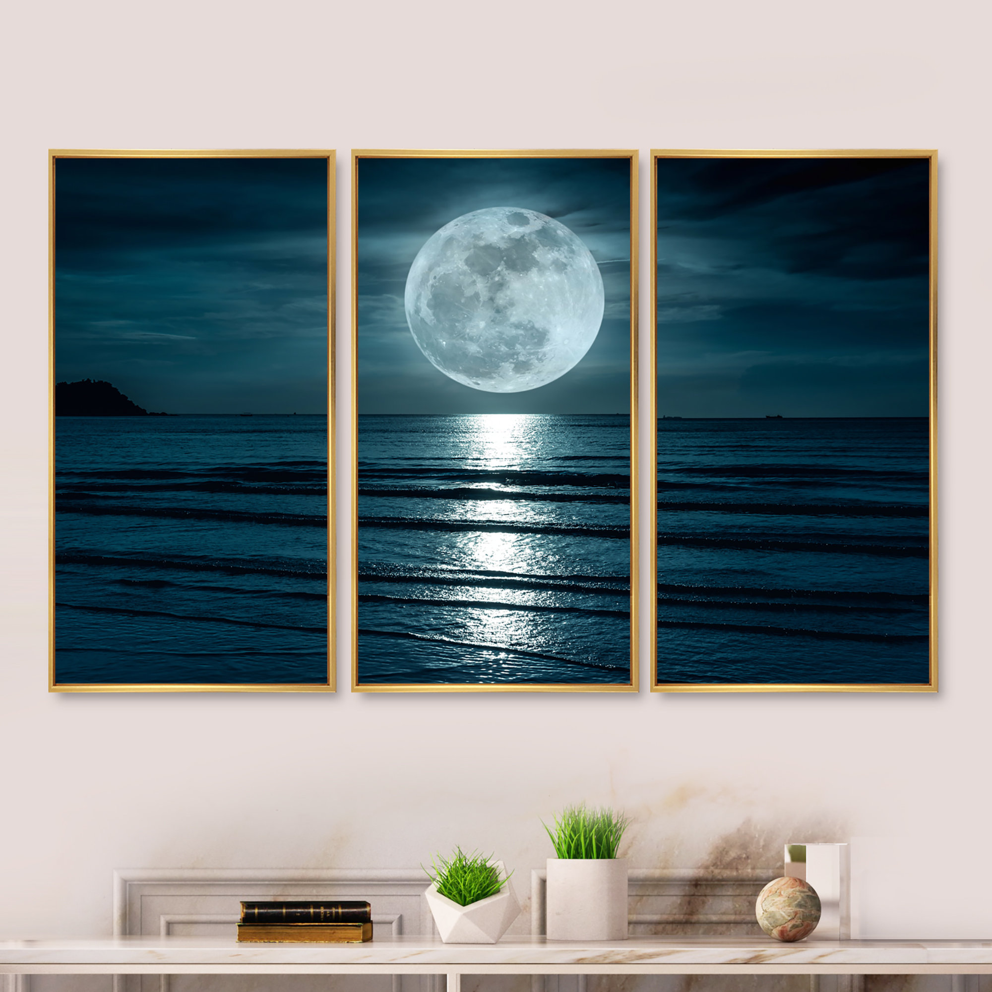 Super Full Moon Over The Sea I 12 in x 8 in Painting Canvas Art