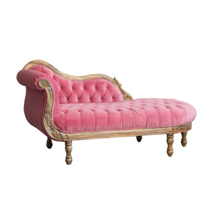 Pink Velvet Upholstered Chaise Lounge With Carved Mango Wood Frame