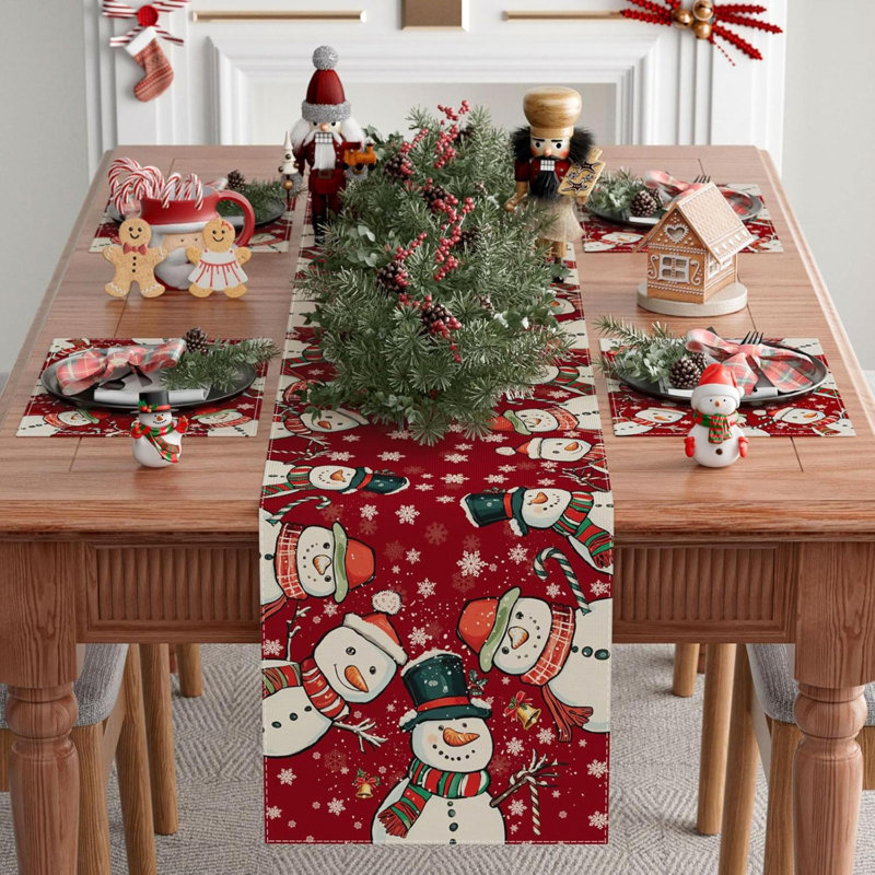 Winter Snowflakes Snowman Christmas Xmas Table Runner Table Decoration For Party Home Kitchen Dining Holiday Decor