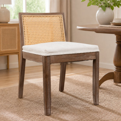 Chaise de salle à manger Mid-Century arquée avec dossier en canne et assise en chenille, beige (ensemble de 2)