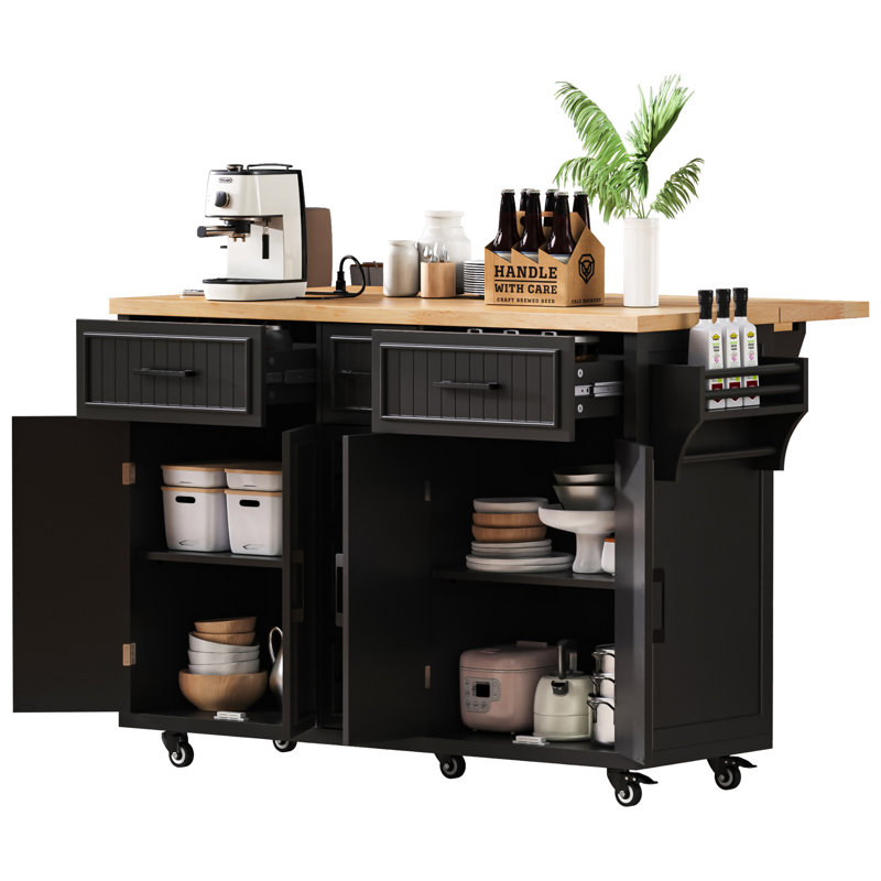 56.5'' Kitchen Island With Drop Leaf, Power Outlet, Embossed Vertical Stripe Rolling Kitchen Cart On Wheels With 4 Doors , 5 Deep Drawers And Adjustable Shelves, For Kitchen, Dining Room
