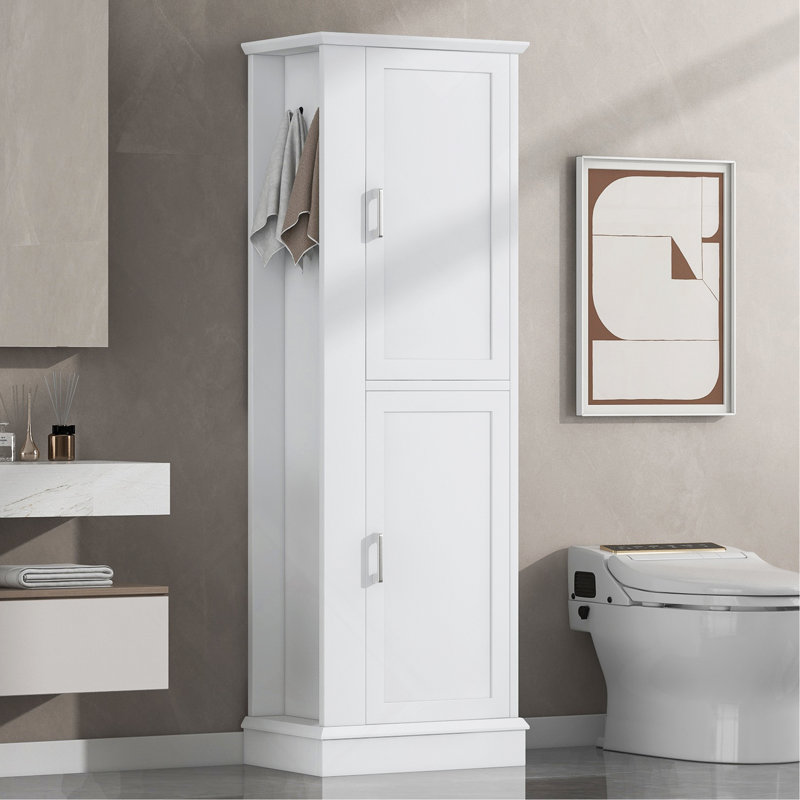 Tall Bathroom Storage Cabinet, Freestanding with Adjustable Shelf & Hook, Soft-Close Doors, MDF Board, White