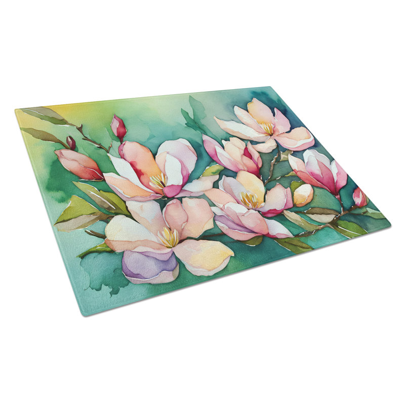 Louisiana Magnolias in Watercolor Glass Cutting Board Large
