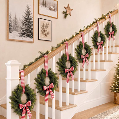 Set of 6 Mini Christmas Wreaths with Plaid Bows, 9-Inch Artificial Greenery for Cabinets and Doors