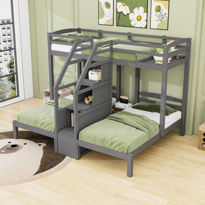 Triple Twin Over Twin And Twin Bunk Bed With Staircase Storage And Bedside Drawer