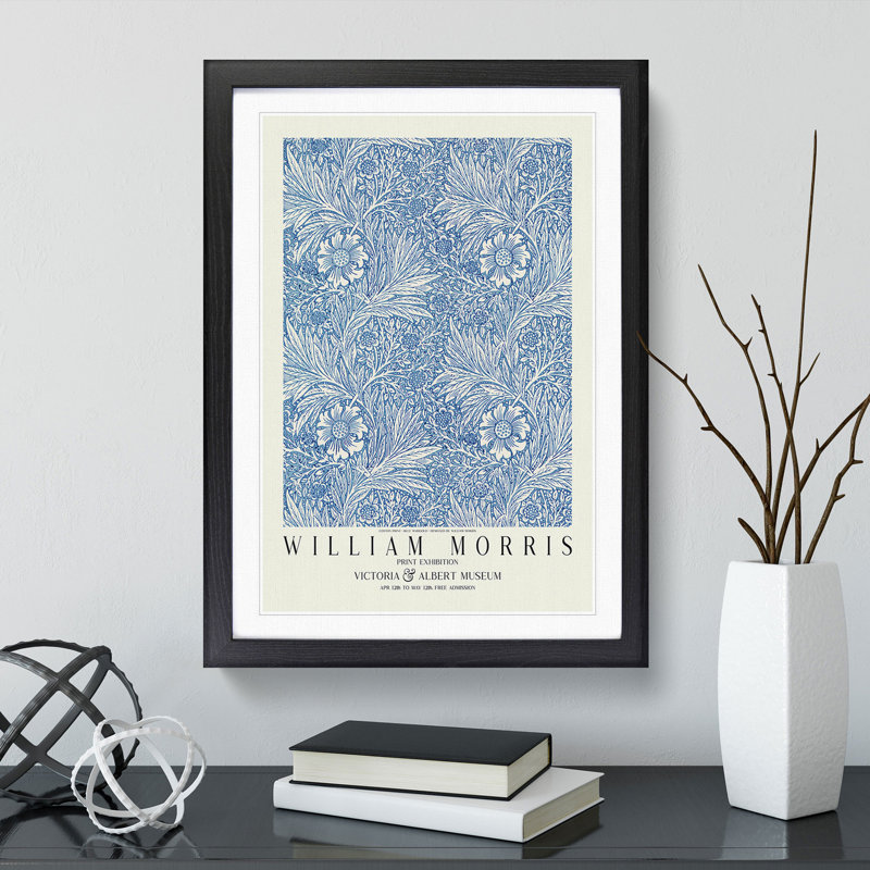 Blue Marigold with Border by William Morris - Framed Print, 65cm H x 48cm W x 2cm D, Black Framed