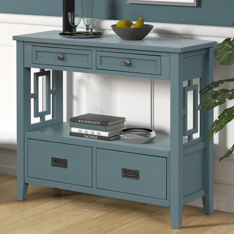 36" Wide 4 - Drawer Credenza Office Storage Cabinet With Open Storage, Blue