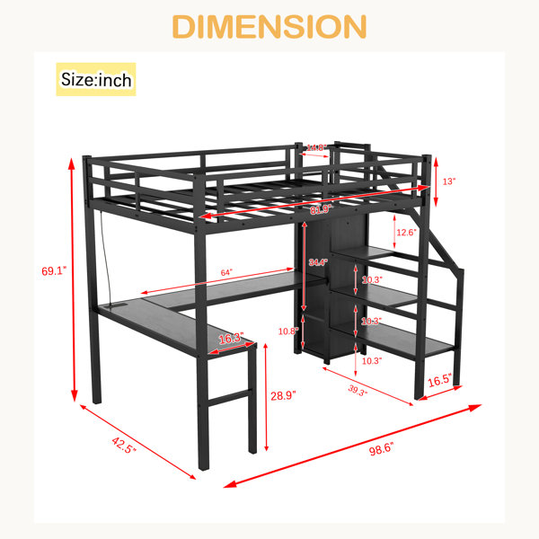 Harriet Bee Loft Bed With L-Shaped Desk And USB, Metal Loft Bed With ...