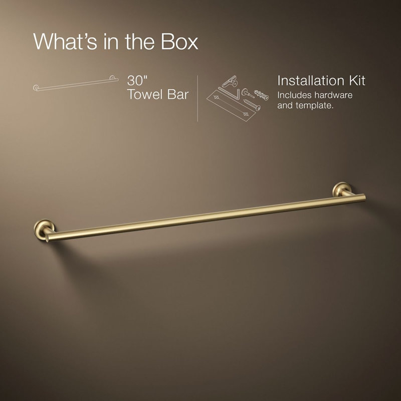 Purist 30" Wall Mounted Towel Bar, Vibrant Brushed Moderne Brass, 1.88" H x 30" L x 3.25" D