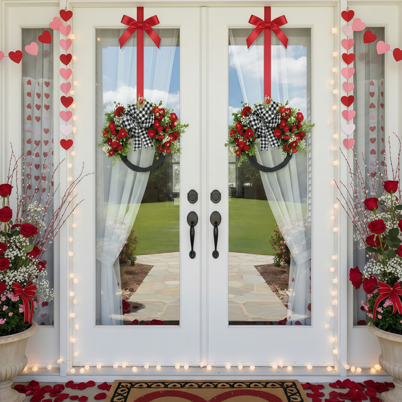 Couronne de printemps pour la porte d'entrée de la Saint-Valentin, couronne artificielle de 18,8 pouces avec nœud, convient au décor extérieur rustique du printemps et de l'été
