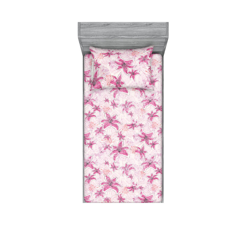 Drap-housse et taies décoratives 3 pièces Ambesonne, Corail rose vif / motif floral rose doux