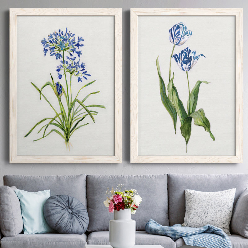 «Blue Lived Botanical I», ensemble de 2 peintures sur toile encadrées, H 20 po x l 34 po x P 1,5 po, Blanc