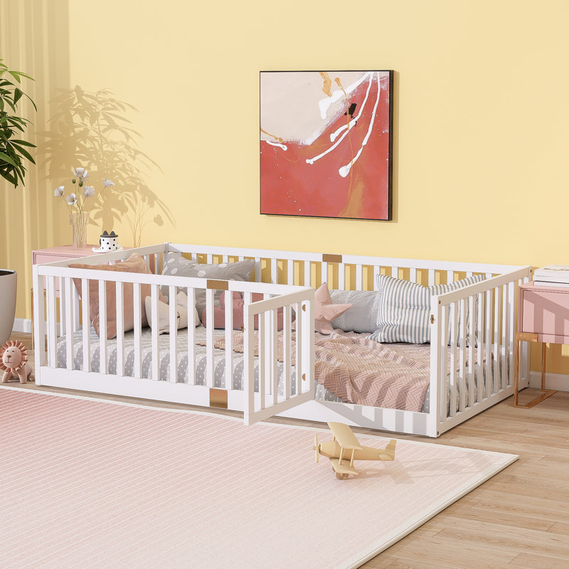 Twin Size Floor Bed with High Fence Railings, with Door, Rubber Wood Floor Bed with Safety Guardrails,White, Twin, White