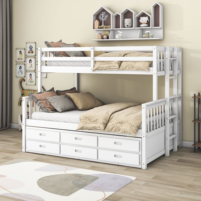 Geesa Twin Over Full Bunk Bed with Built-In Ladder , Trundle Bed Included, White