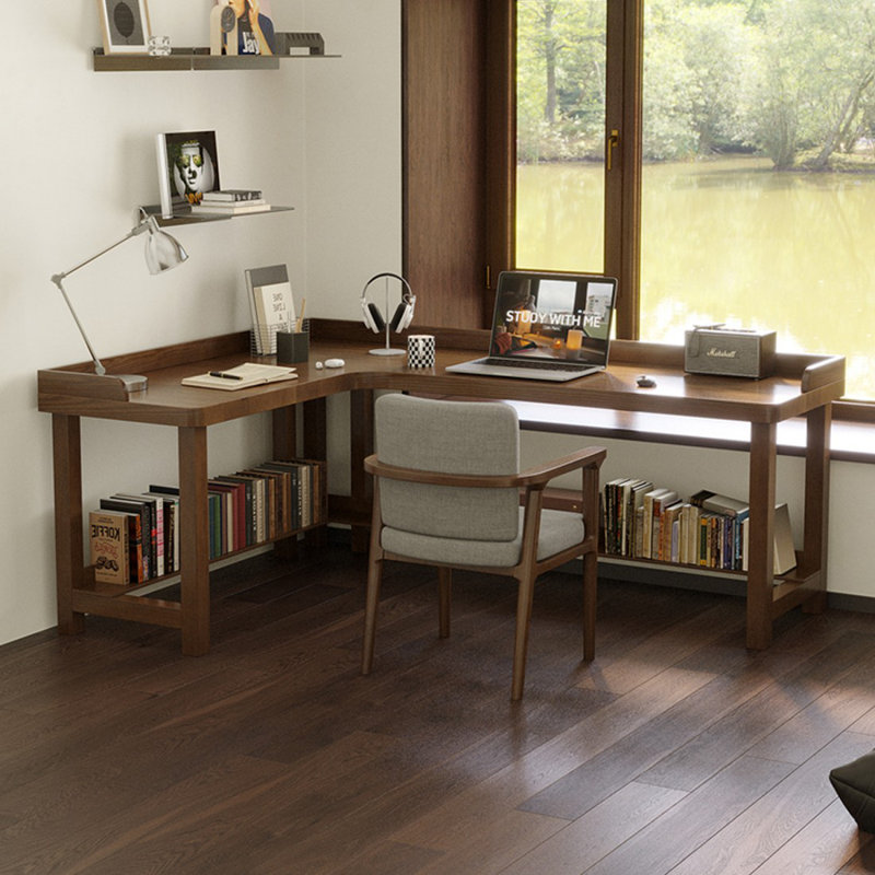 Bureau d'écriture en L en bois massif brun noisette, Retour à gauche, H 29,53 po x l 62,99 po x P 39,37 po