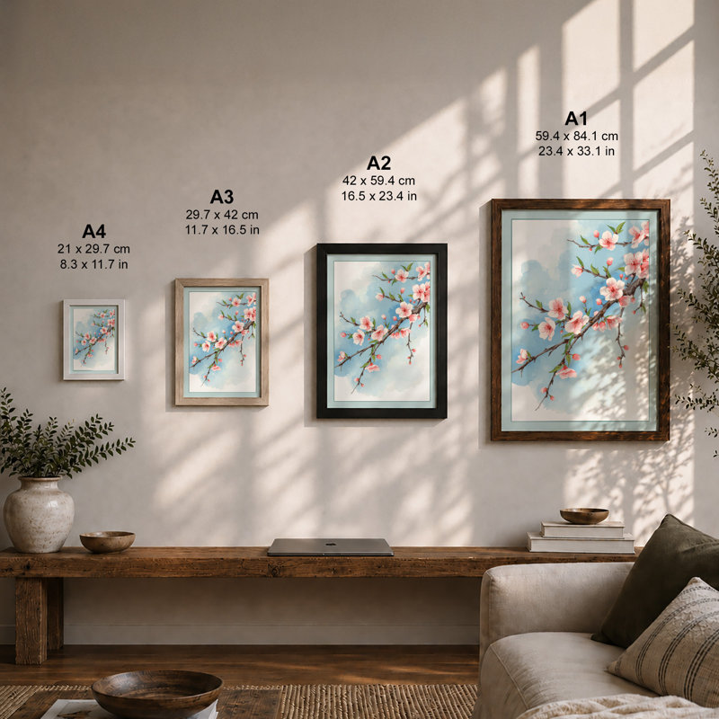 Moonlit Cherry Blossom Botanical - Framed Print, Oak, A4 - 29.7 x 21.0 cm