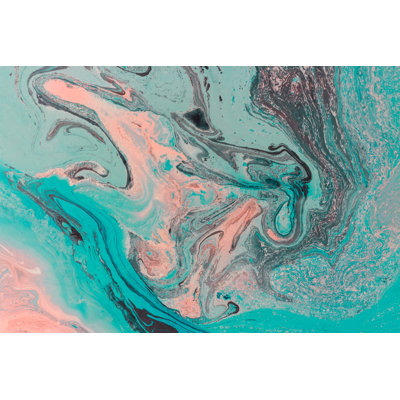 Blue Cyan Marbling Texture. Abstract  Background. Handmade Oil Painted Surface. Liquid Paint. 1 Piece Wrapped Canvas Wall Art
