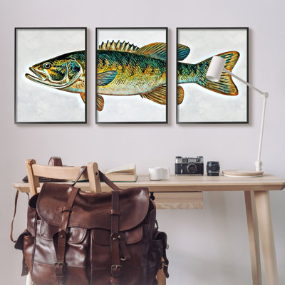 «Lake House Bass Fish Wildlife», ensemble de 3 giclées encadrées par Ashley Aldridge