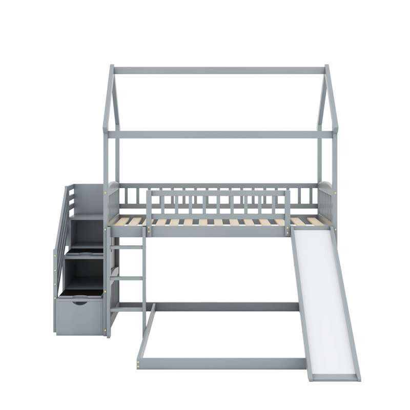 Twin Over Twin Bunk Bed With Slide, Grey