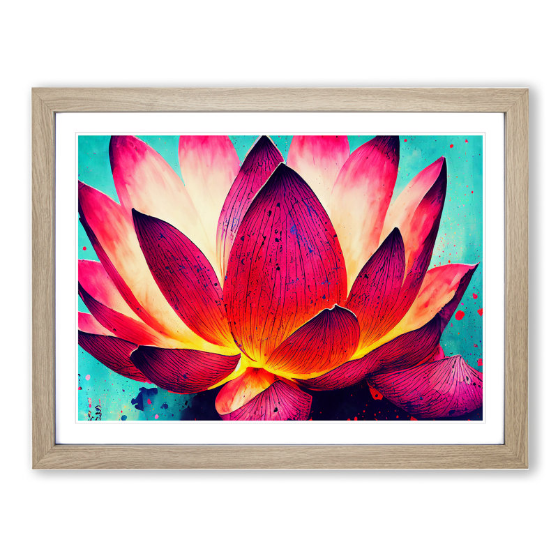 Lotus Flower Splatter (2) - Single Picture Frame Print, 46cm H x 64cm W x 2cm D, Oak