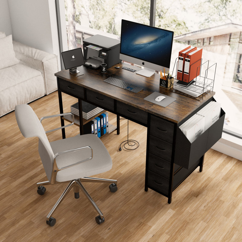 47" Computer Desk With Power Outlet, Rustic Brown/Black