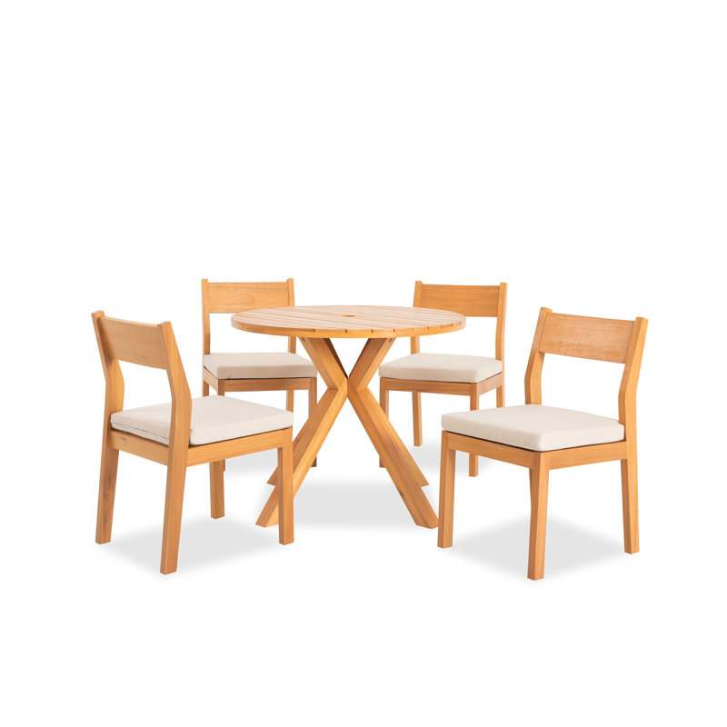Ensemble de salle à manger de patio 5 pièces en bois d'eucalyptus avec chaise rembourrée, 4