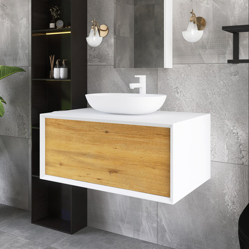 36" Wall Mounted Bathroom Vanity With White Solid Surface Top