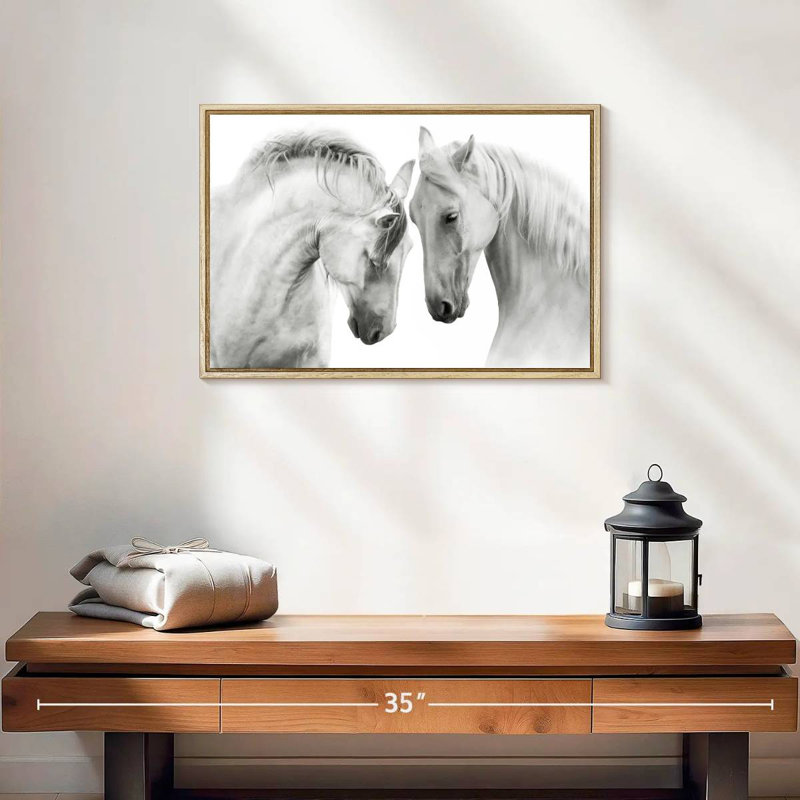 Couple de chevaux blancs, 19 po x 13 po, Cadre flottant en bois naturel