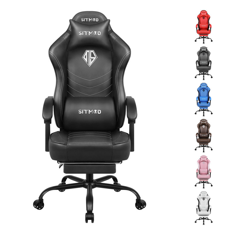 Ebern Designs Ergonomic Gaming Chair with Footrest for Adults-PU Leather PC Computer Gaming Chair, Black