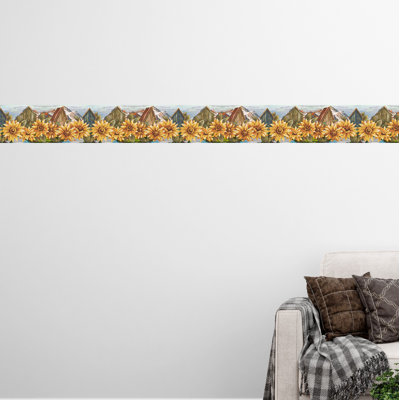 Bordure de papier peint à peler et coller - jaune nature, tournesols rouges, conception rétro de bordure murale de libellules, 15 pi X 7 po, auto-adhésif