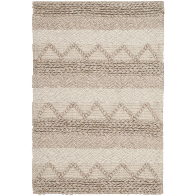 Laine tissée à la main / viscose / coton jacques. Tapis rayé beige