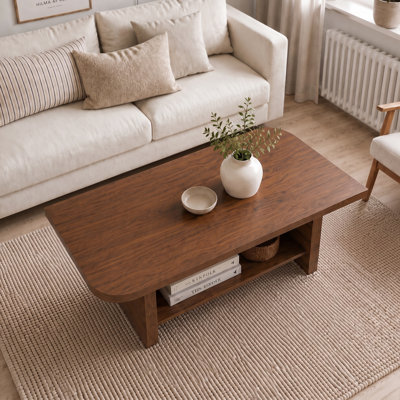 Table basse en noyer de 120 cm avec tablette de rangement ouverte, table basse moderne pour salon