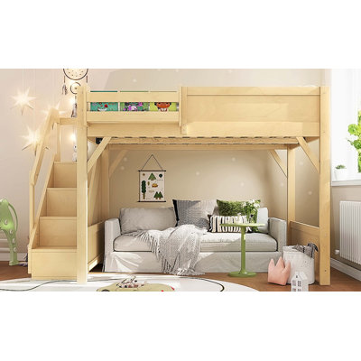 Lit mezzanine double avec garde-robe intégrée et capacité de rangement, lit mezzanine en bois massif avec tablettes latérales, garde-corps pleine longueur et escalier, sommier non requis, naturel