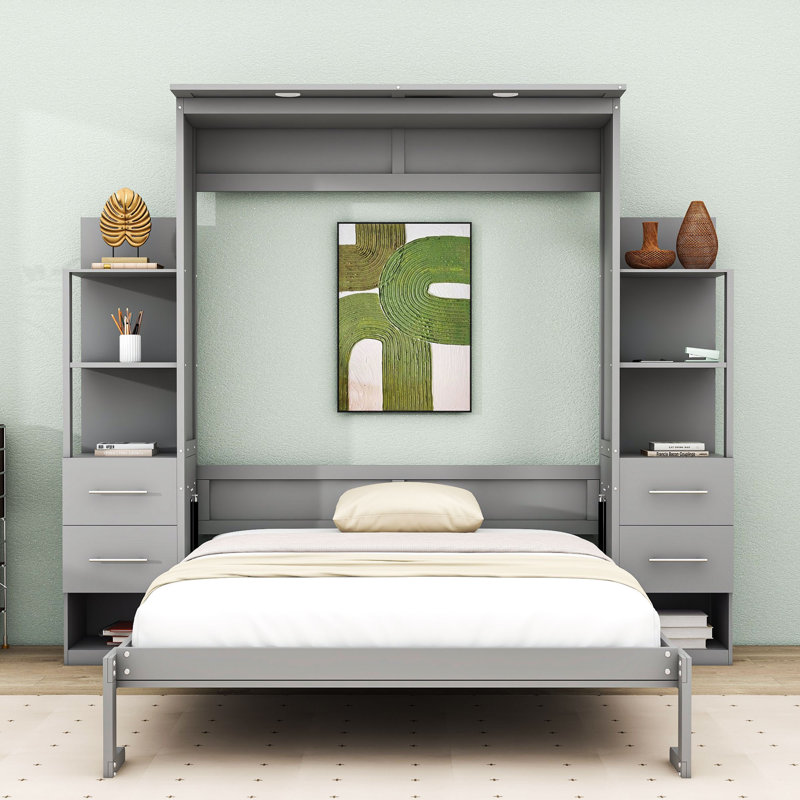 Lit escamotable en bois multi-fonctions, Gris, Grand lit