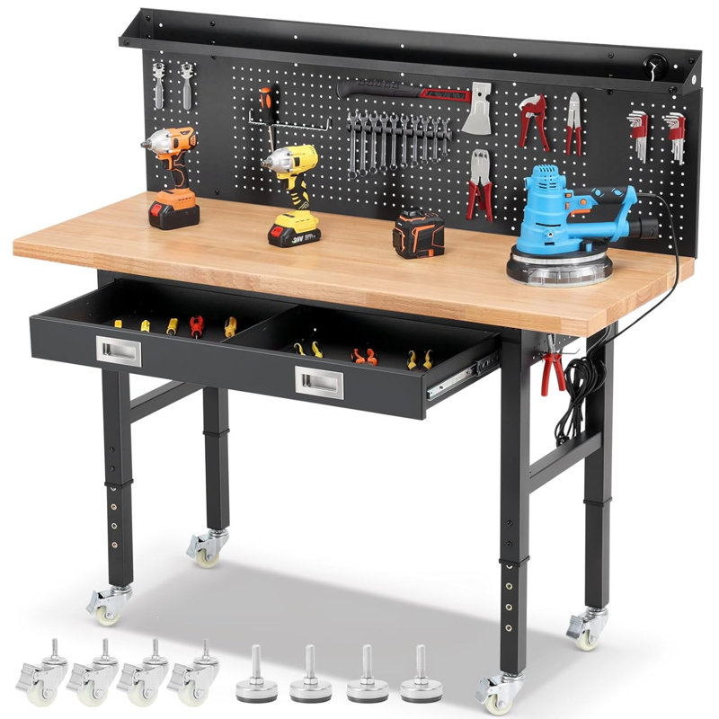 Workbenches for Garage Work Bench with Wheels 60 Inch Adjustable Rubber Wood Top Garage Workbench with Drawers, Pegboard, Power Outlets