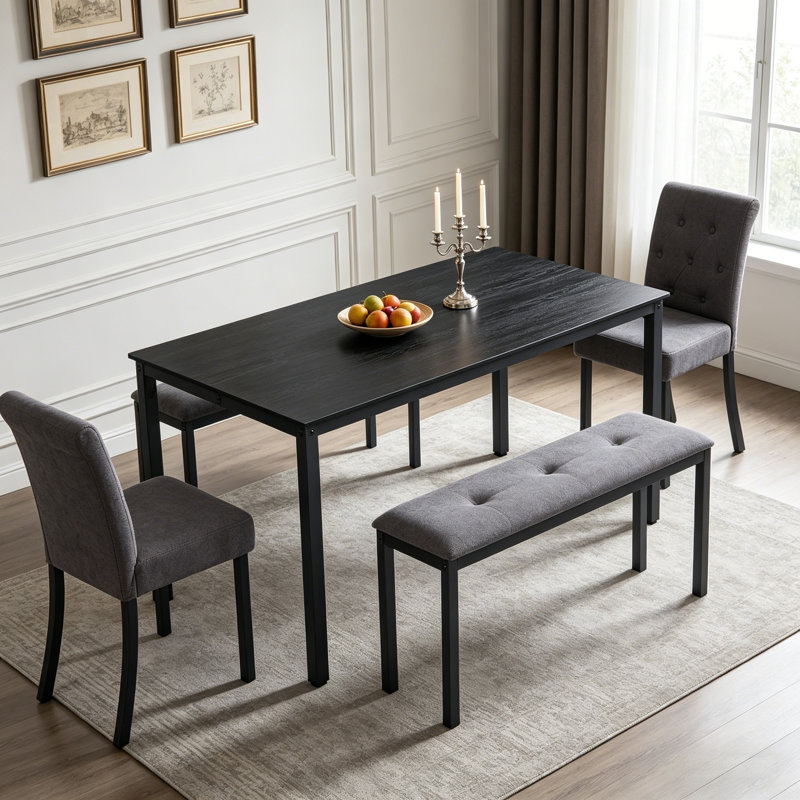 5-Piece Dining Set Includes A Table, Two Upholstered Chairs And Two Benches; Space-Saving Rustic Style In Gray And Black For Kitchen And Dining Areas.