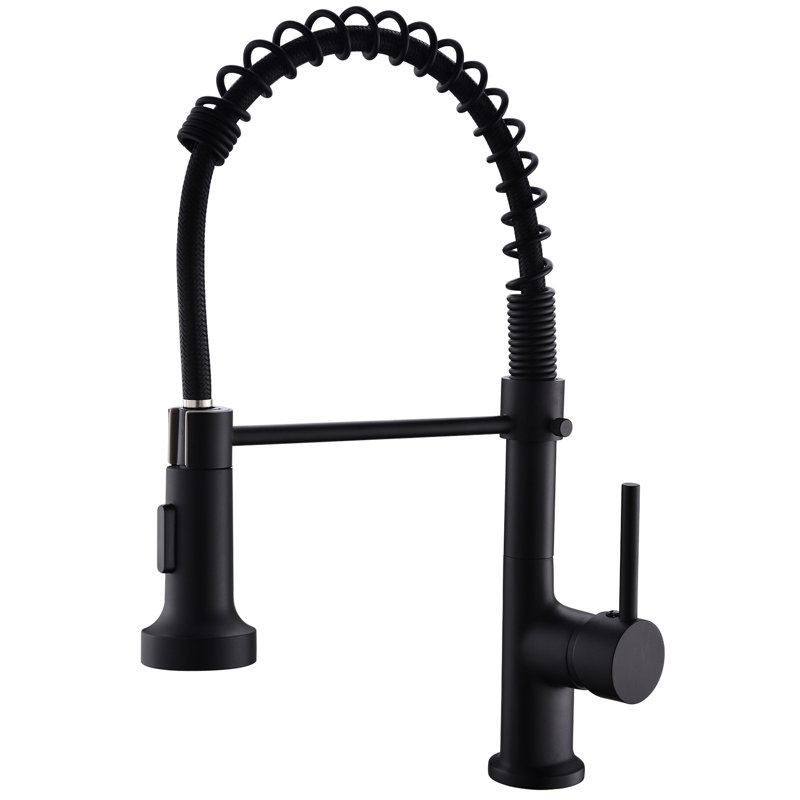 Robinet de cuisine avec bec rétractable noir, intérieur en laiton, avec traces de doigts et rayures en laiton, débit d'eau stable