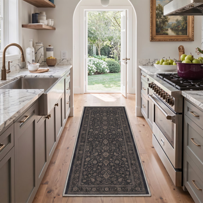 Tapis de couloir oriental bleu marine / brun lavable à la machine avec envers antidérapant, Tapis de couloir de 2 pi x 7 pi