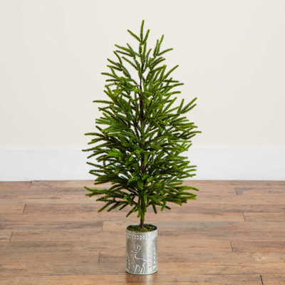 32In. Artificial Real Touch Norfolk Island Pine In Christmas Tin Metal Planter With Natural Look