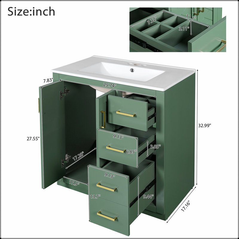 Meuble-lavabo de 30 po avec lavabo en céramique, structure en bois massif, armoire de rangement autoportante avec 3 tiroirs et portes à fermeture douce
