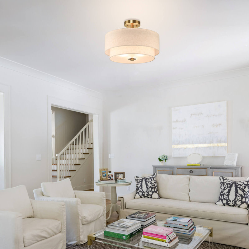 Plafonnier semi-encastré 3 lumières avec abat-jour tambour à 2 niveaux en laiton brossé pour le salon de la chambre à coucher