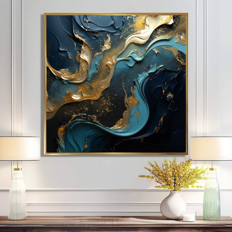 Liquide, art turquoise or - encre liquide, art mural abstrait, salon, Toile avec cadre flottant or