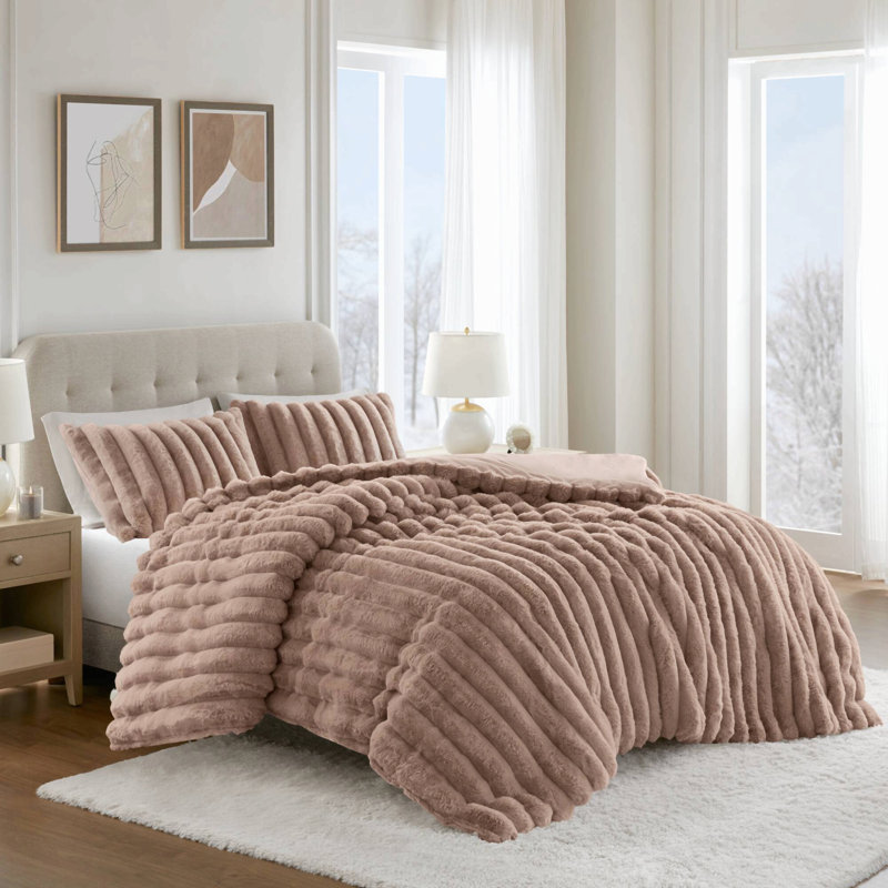 Ensemble de couette côtelée luxueuse 3 pièces en velours microfibre imitation fourrure, couleur moka, format king
