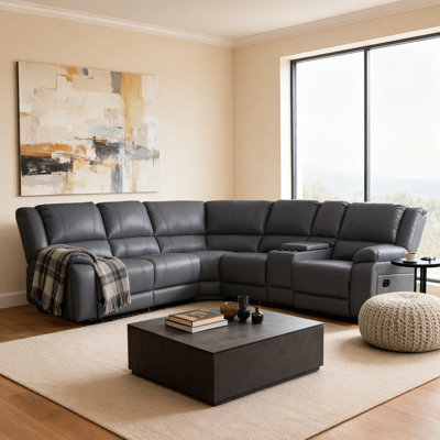 6-piece Faux Leather Reclining 5-seater Sectional With Storage Console & Cup Holders