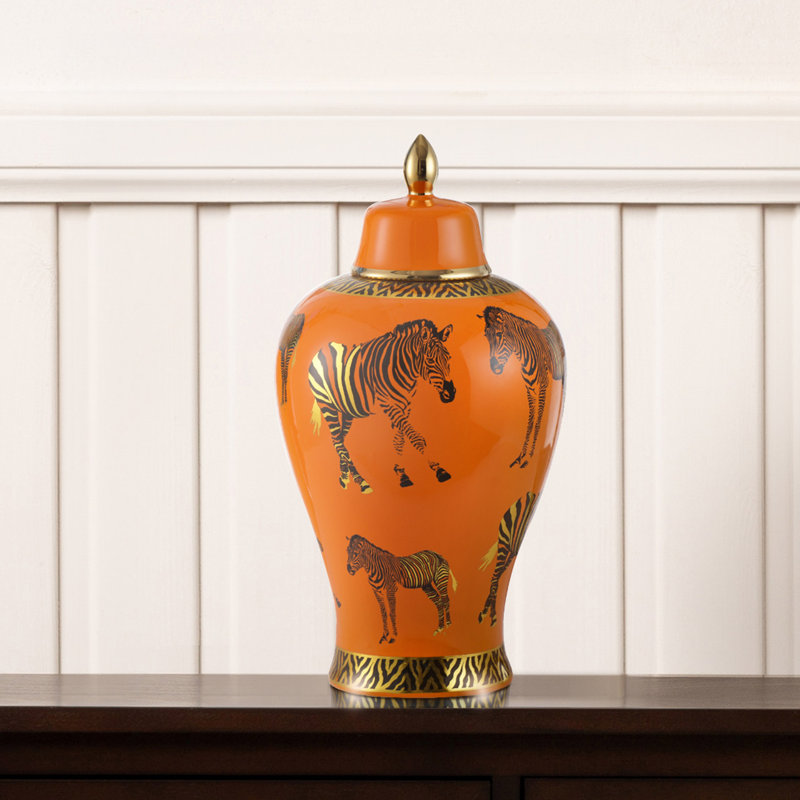 Elledge Orange with Zebra Print Handmade Ceramic Ginger Jar with Lid for Living Room Tabletop Decor